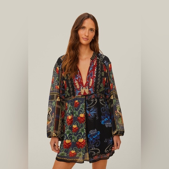 FARM RIO Black Mixed Arabesque Scarves Long Sleeve Mini Dress S - Picture 2 of 9